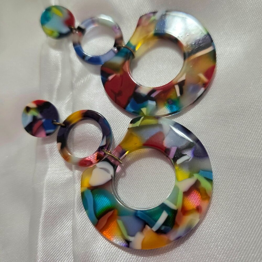 Multicolor Acrylic Clip-On Statement Earrings Geometric Drop Dangle